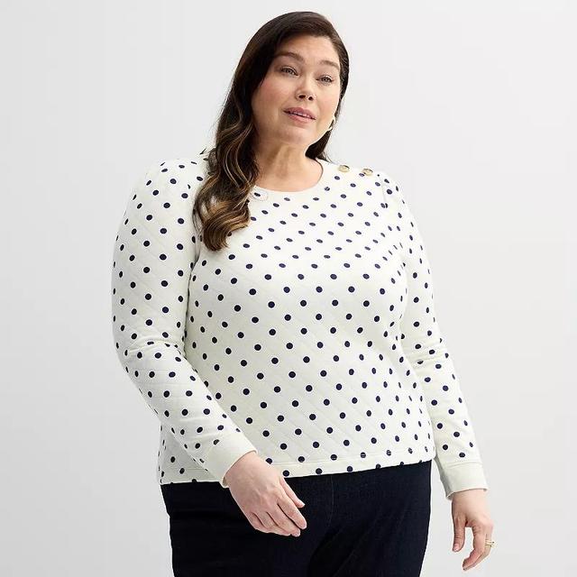 Plus Size Croft & Barrow Button Shoulder Sweatshirt, Womens Ivory Chic Dot Product Image