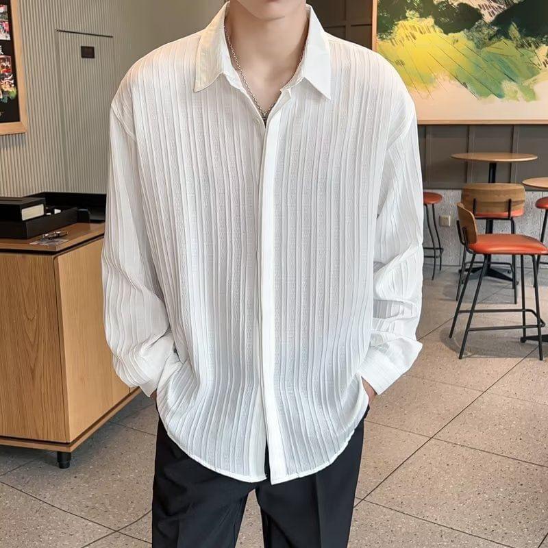 Long Sleeve Collared Plain Button Up Pleated Shirt Product Image