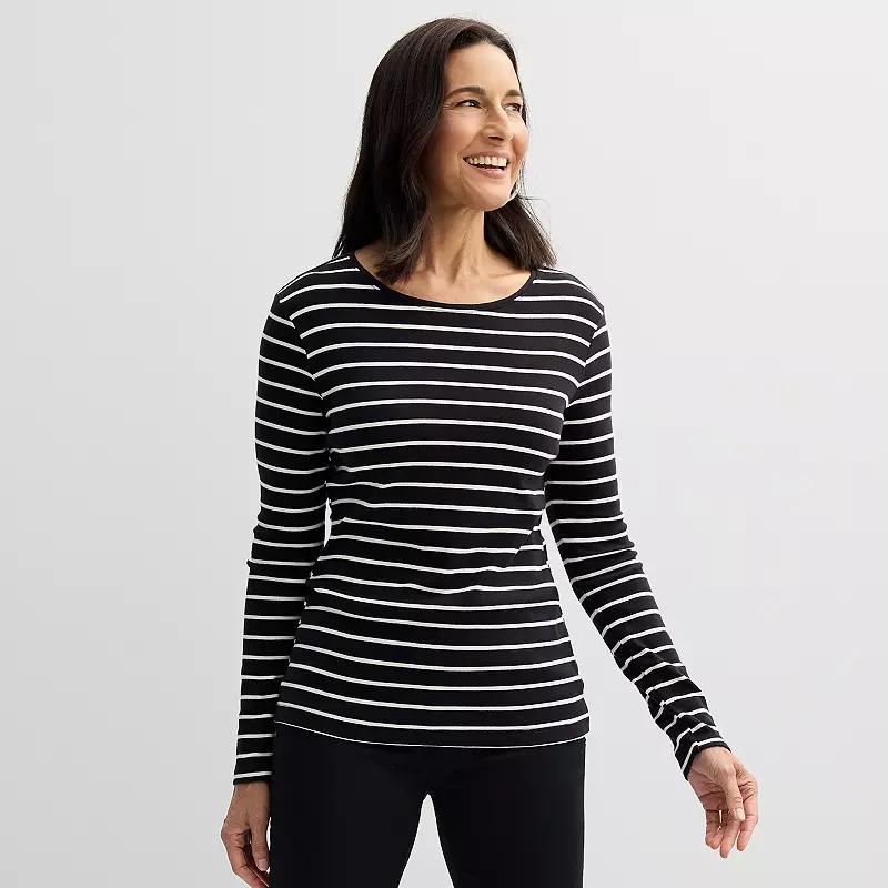 Womens Croft & Barrow Essential Long-Sleeve Crewneck Tee Red Classy Stripe Product Image