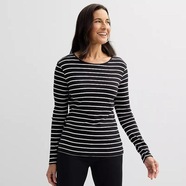 Womens Croft & Barrow Essential Long-Sleeve Crewneck Tee Red Classy Stripe Product Image