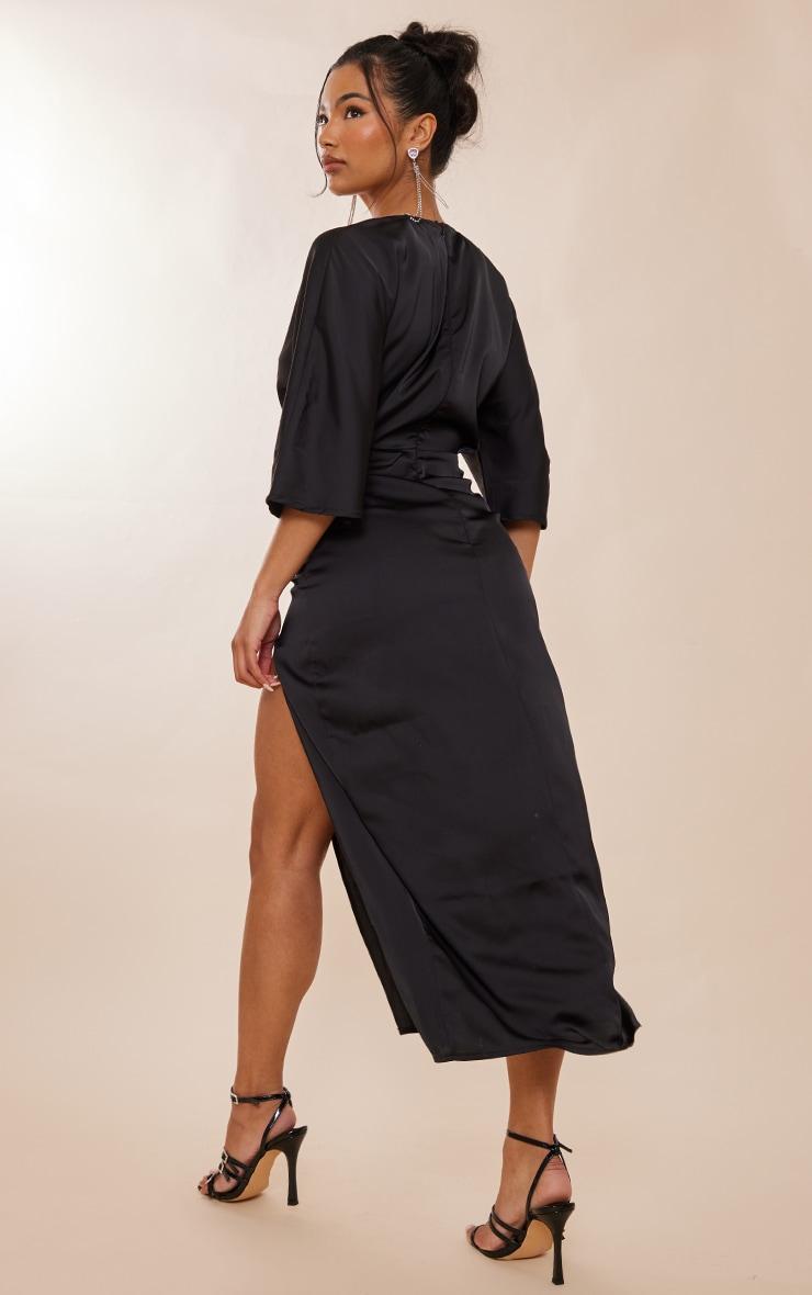  Black Satin Batwing Plunge Split Midaxi Dress Product Image