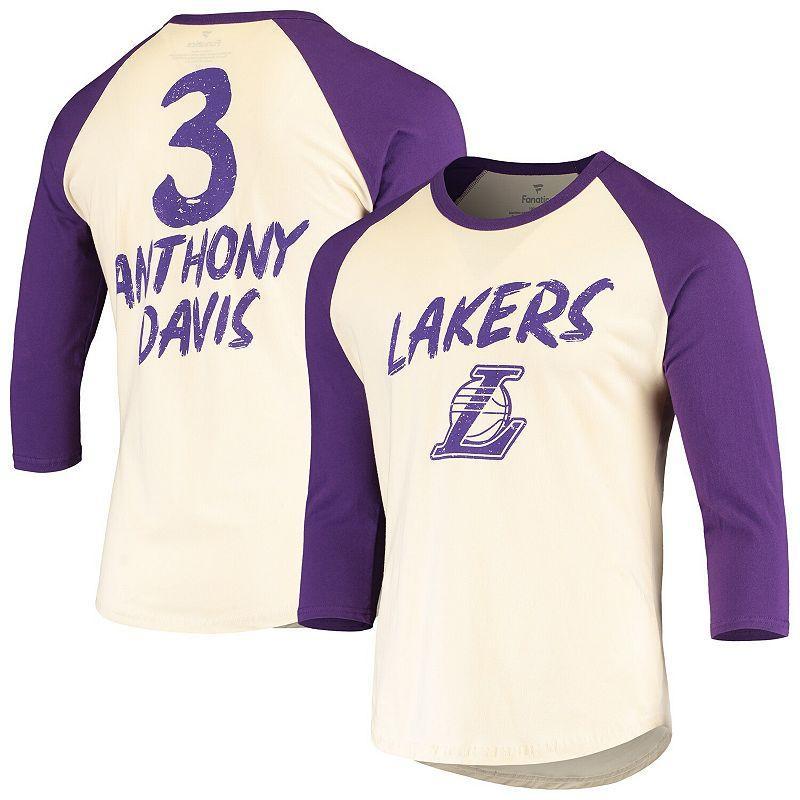 Mens Fanatics Branded Anthony Davis Cream/Purple Los Angeles Lakers Raglan 3/4 Sleeve T-Shirt Product Image