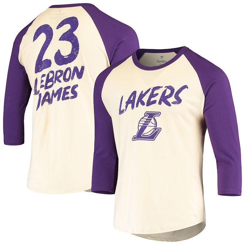 Mens Fanatics Branded LeBron James Cream/Purple Los Angeles Lakers Raglan 3/4 Sleeve T-Shirt Product Image