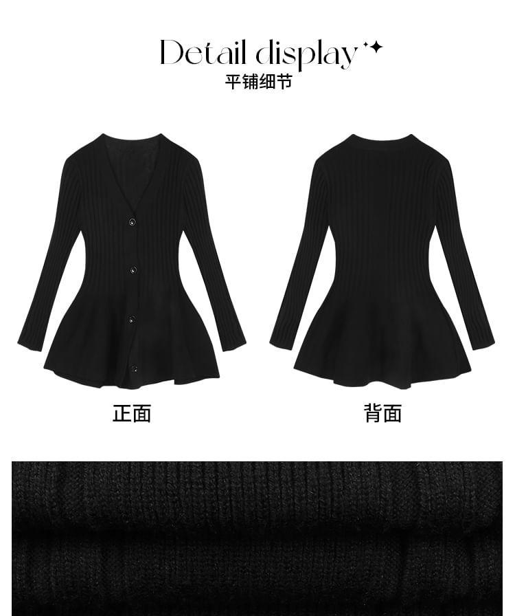 Long-Sleeve V-Neck Plain Button Mini A-Line Knit Dress Product Image