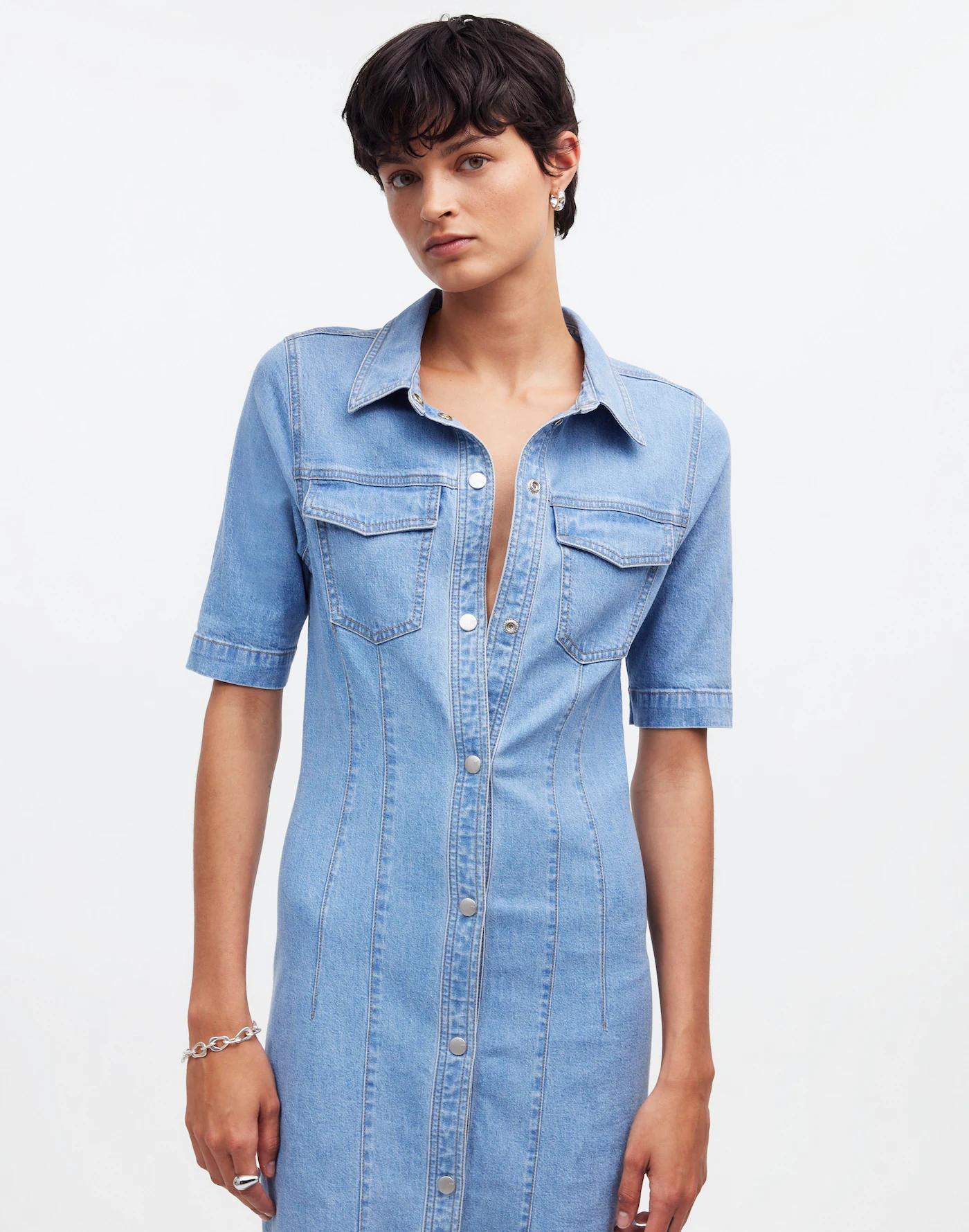 Denim Seamed Mini Shirtdress in Palermo Wash Product Image