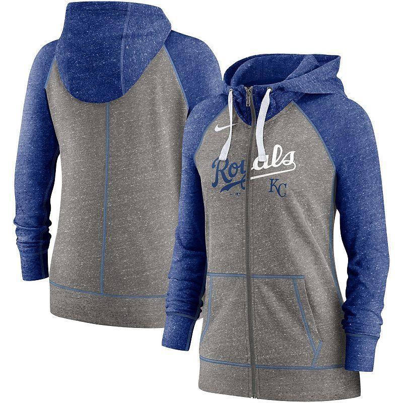 Womens Nike Heathered Charcoal/Royal Kansas City Royals Split Wordmark Gym Vintage Raglan Full-Zip Hoodie Product Image