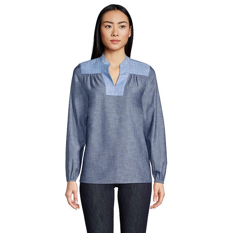 Womens Lands End Poplin Peasant Top Dark Blue Chambray product image