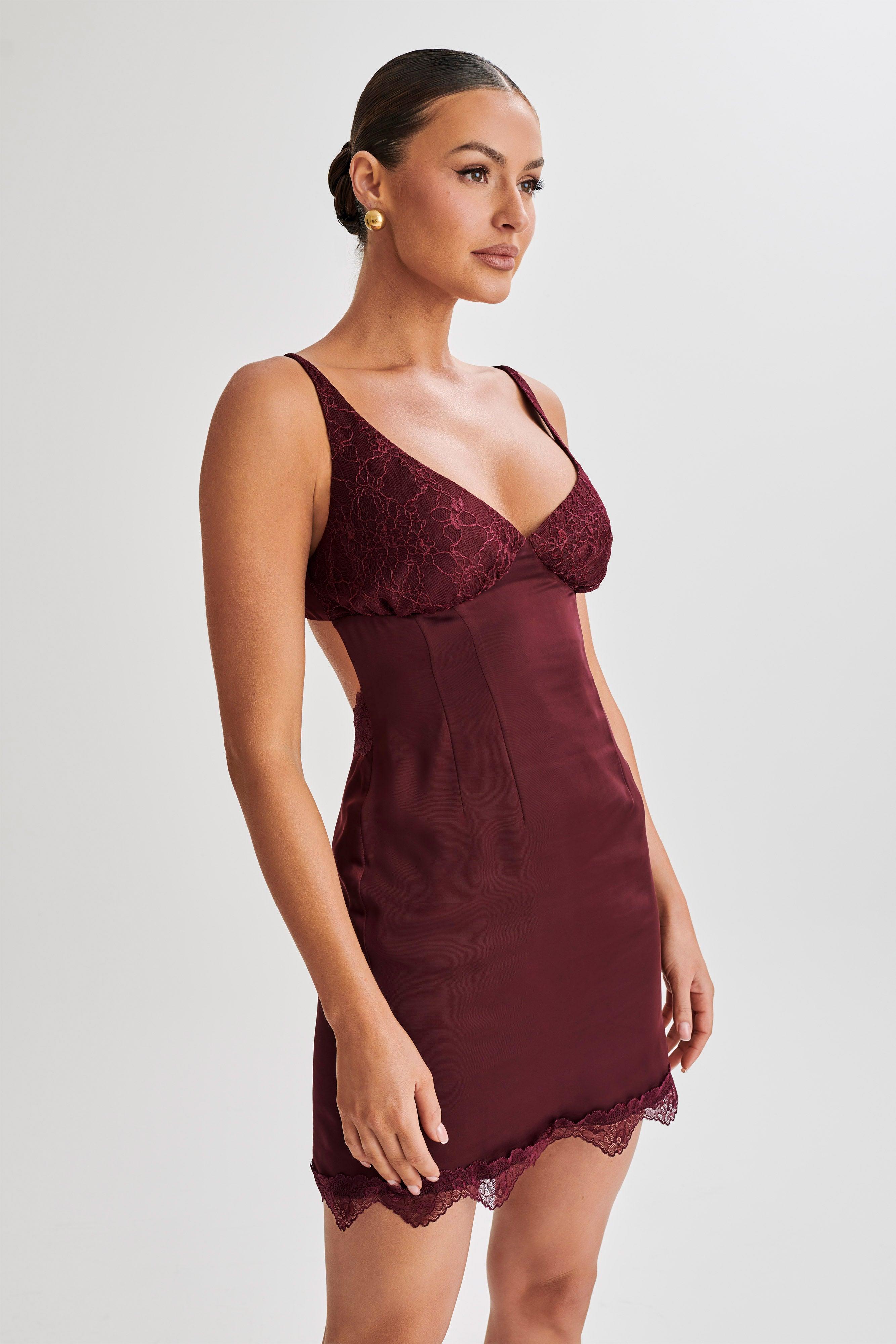 Alondra Satin Mini Dress With Lace - Plum Product Image