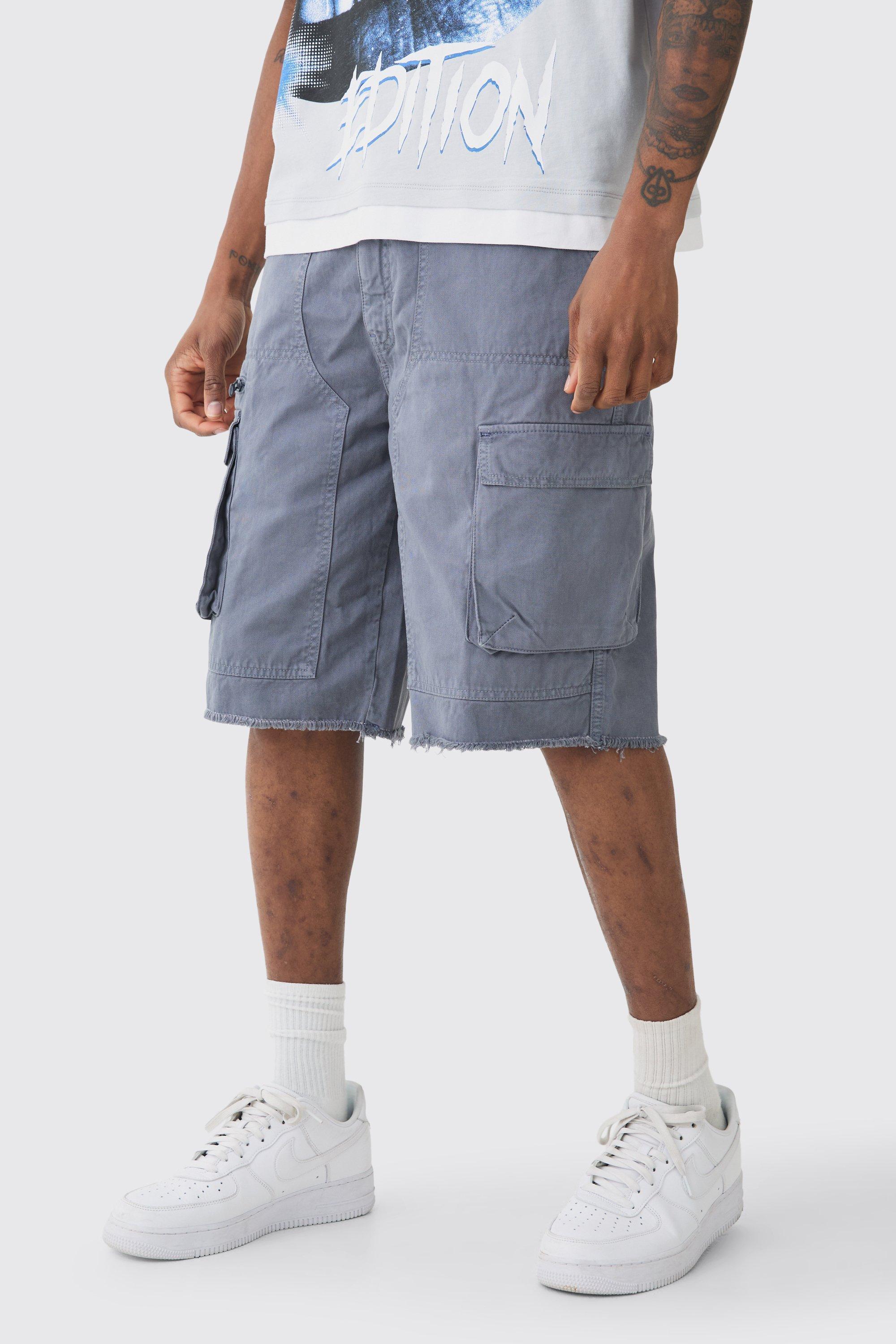 Tall Fixed Waist Raw Hem Relaxed Cargo Shorts | boohooMAN USA Product Image