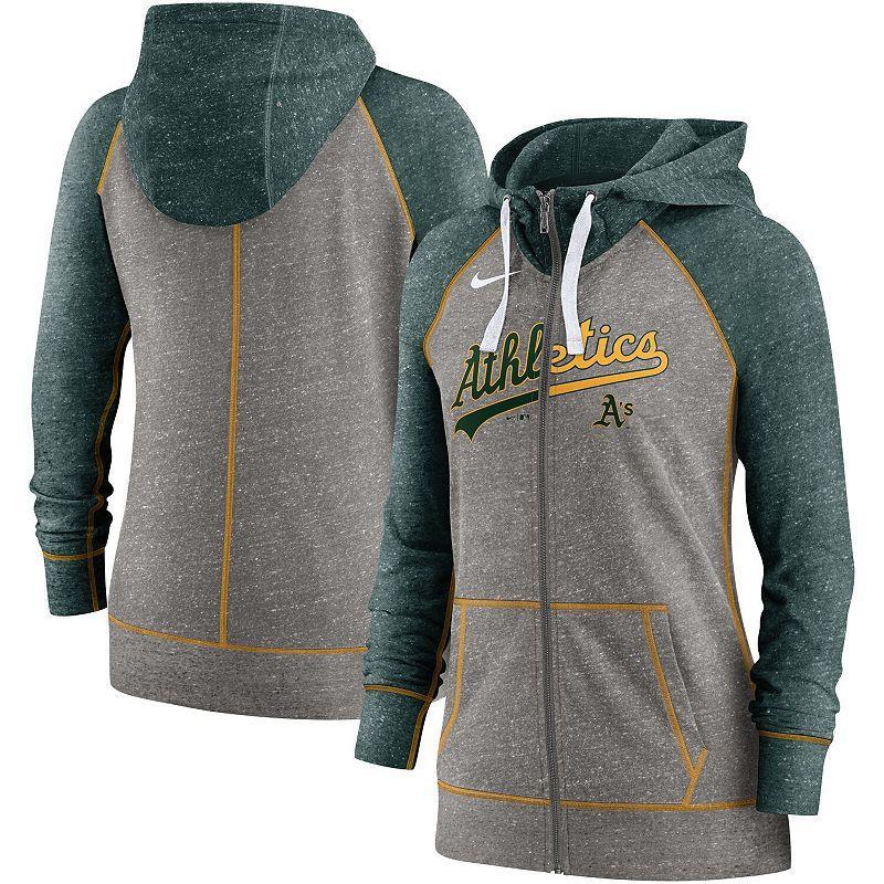 Womens Nike Heathered Charcoal/Heathered Green Oakland Athletics Split Wordmark Gym Vintage Raglan Full-Zip Hoodie Product Image