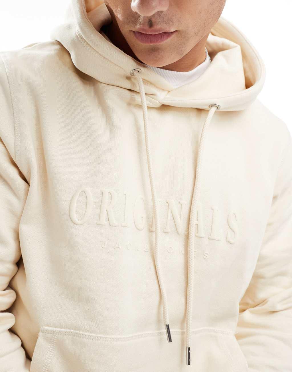 Jack & Jones oversized 3d print logo hoodie in off white Product Image