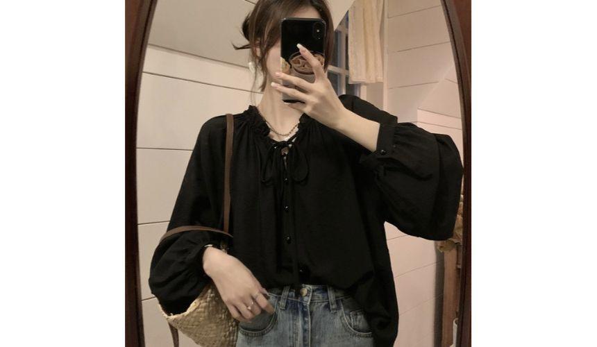 Long-Sleeve Tie-Neck Plain Frill Trim Button-Up Blouse Product Image