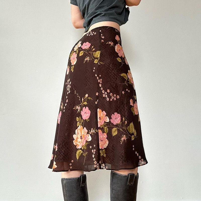 Low Waist Floral Print Mesh Midi Skirt Product Image