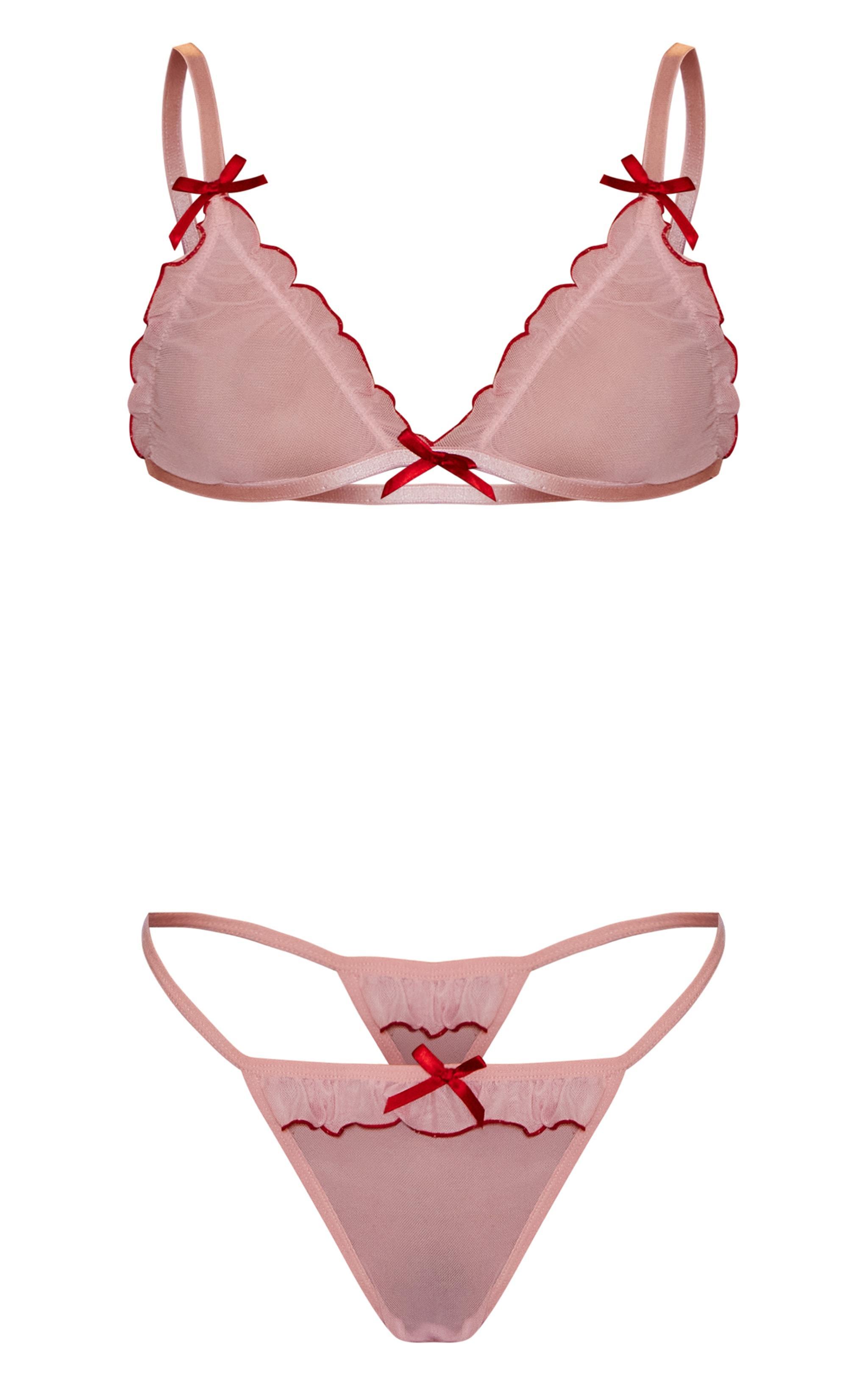 Pink Mesh Contrast Trim Frill Lingerie Set Product Image