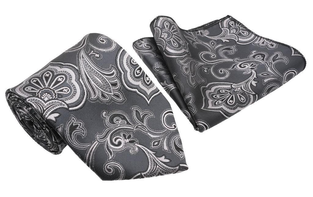 Gray Silver Paisley Pattern Men's Classic Tie and Pocket Square Set Product Image