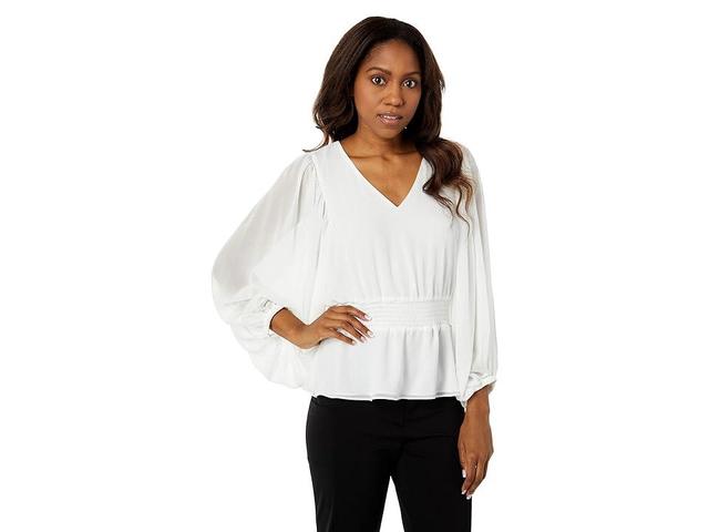 Vince Camuto Long Sleeve V-Neck Peplum Chiffon Blouse (New Ivory) Women's Clothing Product Image