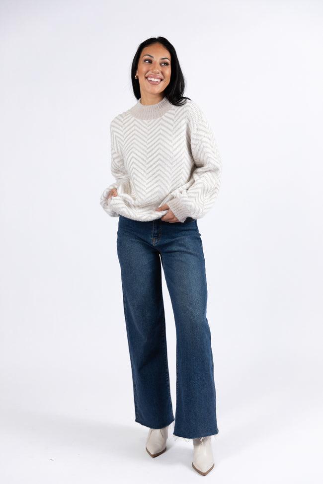 All That You Are Beige Fuzzy Herringbone Mock Neck Sweater Product Image