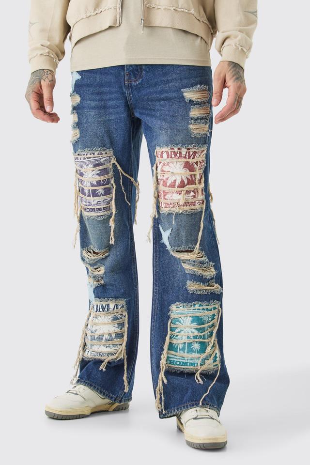 Tall Relaxed Rigid Flare Applique Jeans | boohooMAN USA Product Image