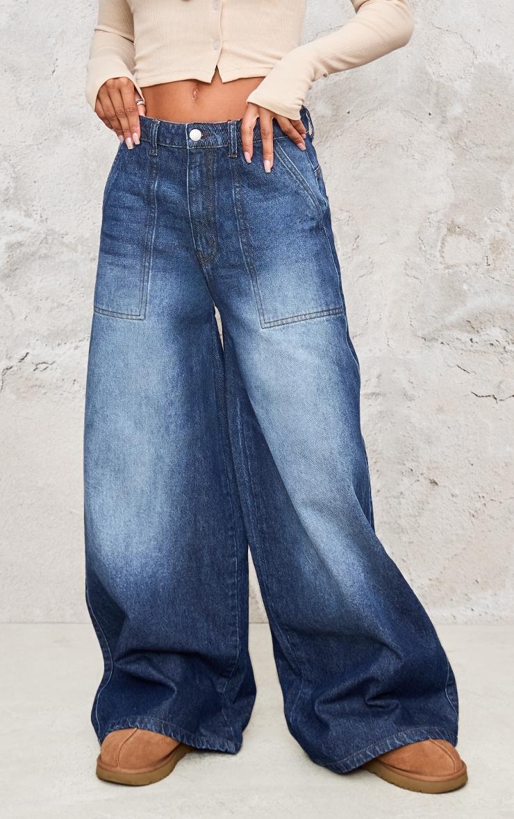 Mid Blue Wash Mid Rise Wide Leg Jeans Product Image