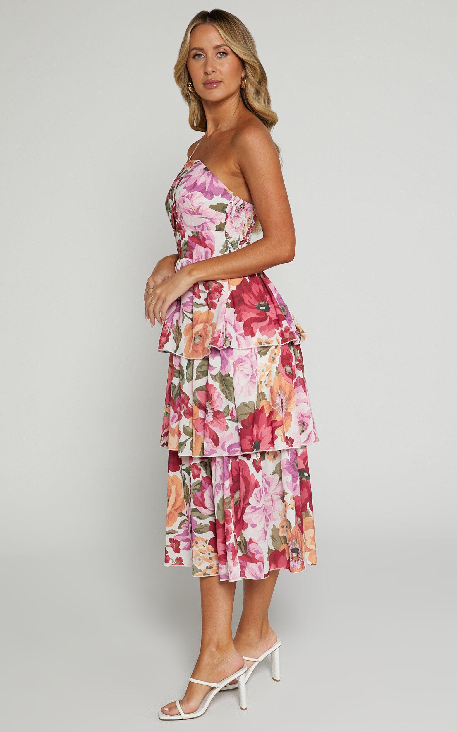 Caro Midi Dress - One Shoulder Tiered Dress in Spring Floral Product Image