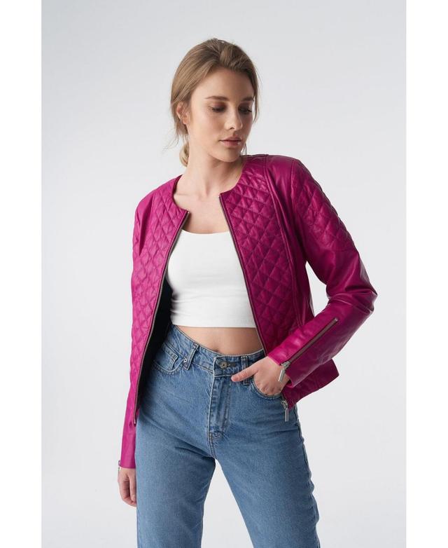 Furniq Uk Womens Genuine Leather Quilted Biker Jacket Fuchsia Product Image