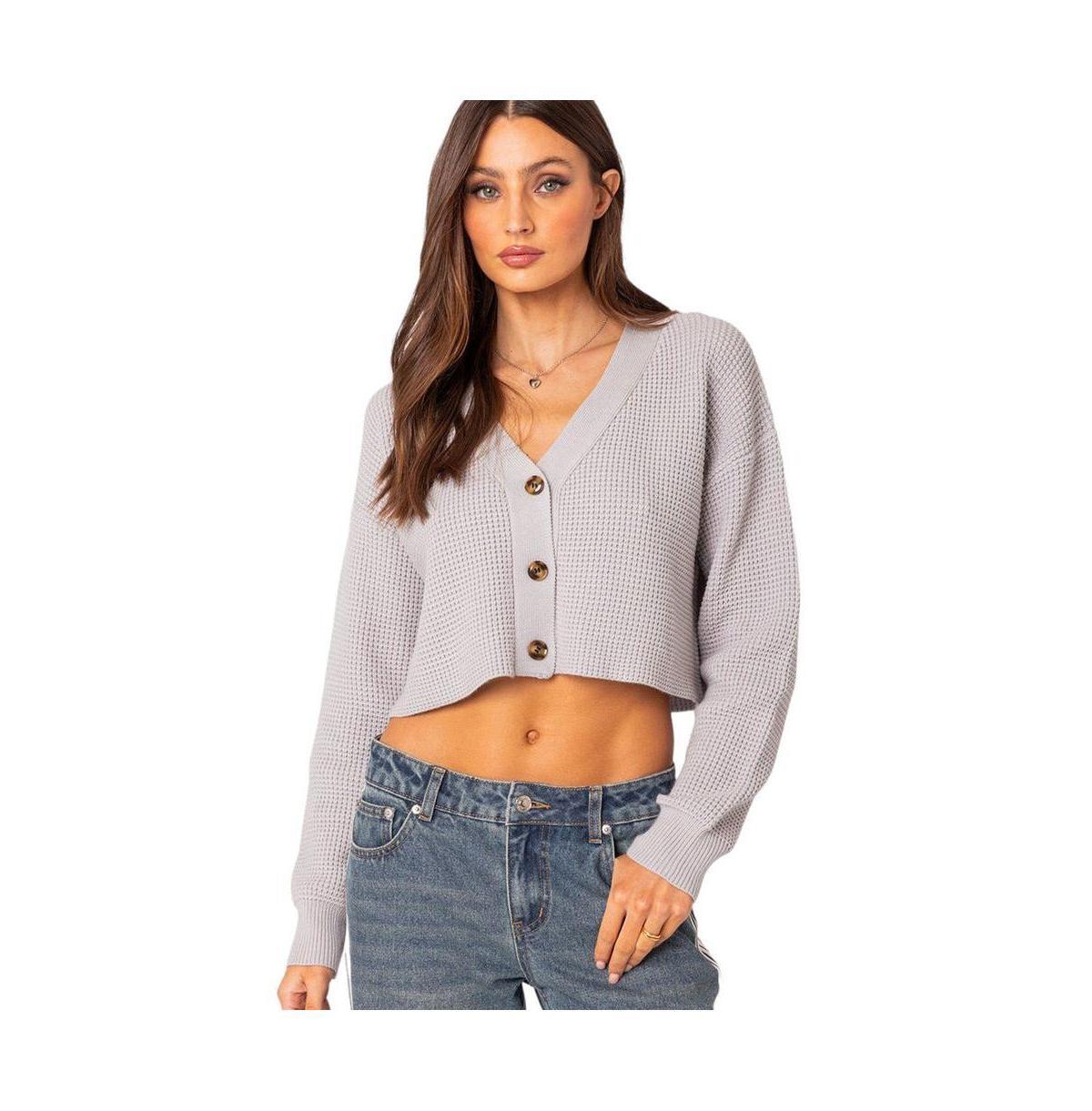 EDIKTED Waffle Knit Crop Cardigan Product Image