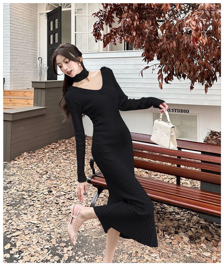 Set: Long-Sleeve Plain Flower Accent Ribbed Midi Sheath Knit Dress + Choker Product Image