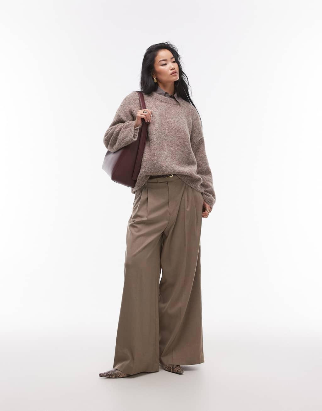 Topshop knit boxy fluffy crew neck oversized sweater in coffee Product Image