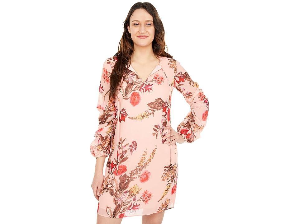 Vince Camuto Printed Chiffon Float with Self Cording and Ruched Sleeve (Blush) Women's Dress Product Image