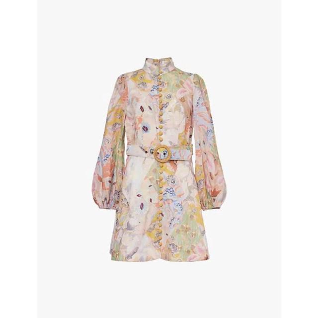 ZIMMERMANN Womensfloral Diamond Mandarin Collar Belted Linen Mini Dress In Multicolor Product Image