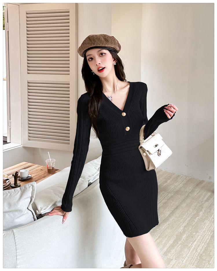 Long Sleeve V-Neck Button Ribbed Bodycon Sweater Dress Product Image