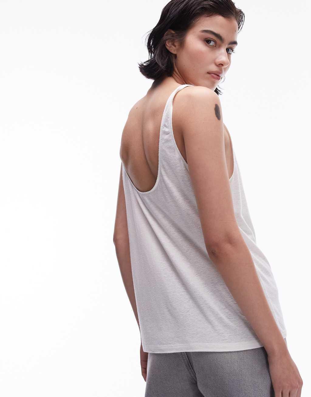 Topshop linen look scoop neck tank top in white Product Image