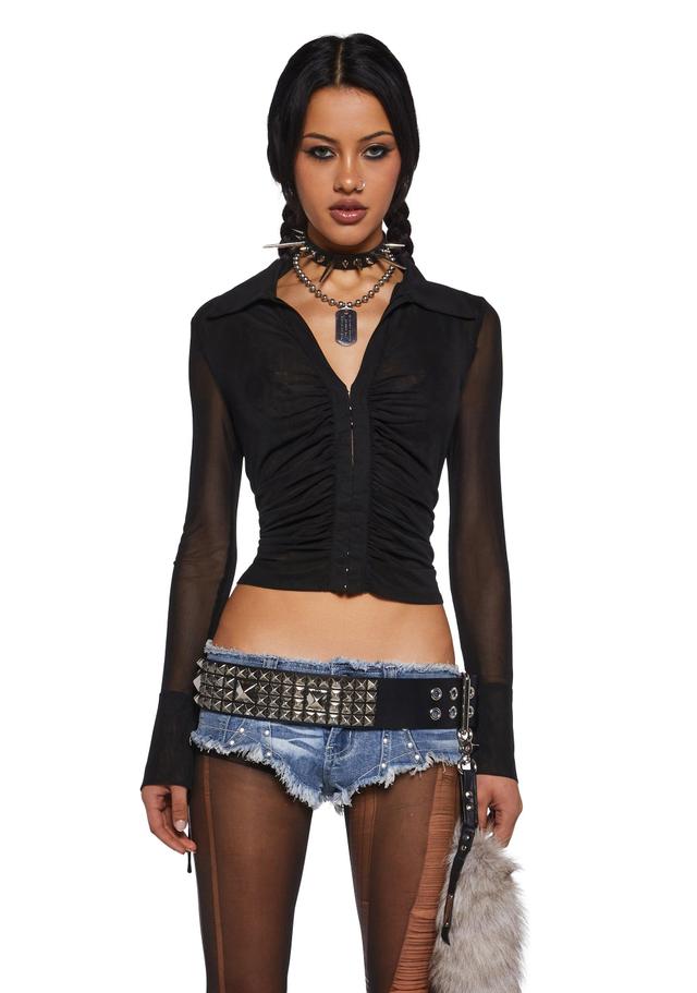 Sheer Mesh Ruched Long Sleeve Top - Black Product Image