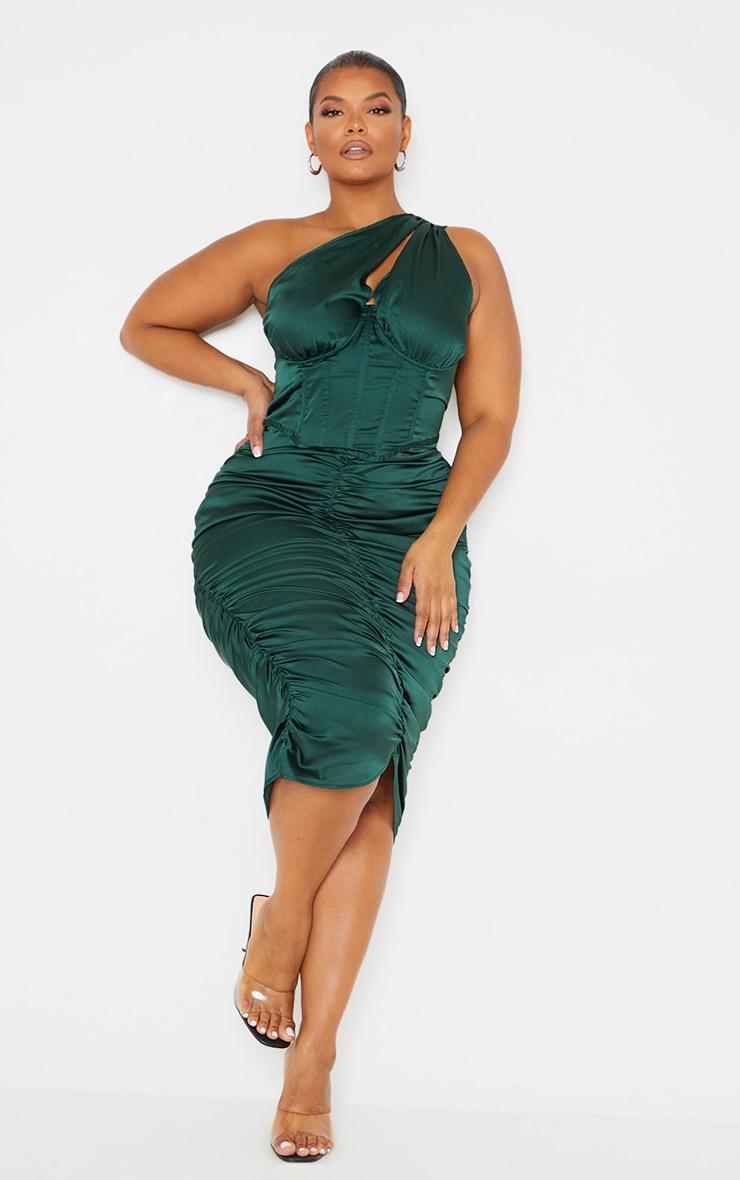 Plus Emerald Green One Shoulder Corset Ruched Satin Midi Dress Product Image