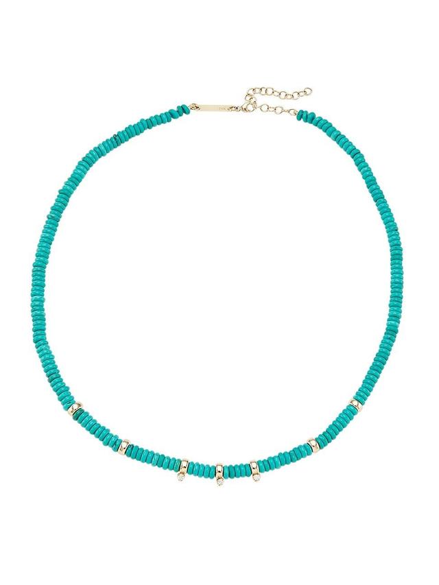 Womens 14K Yellow Gold, Turquoise, & Diamond Beaded Necklace Product Image