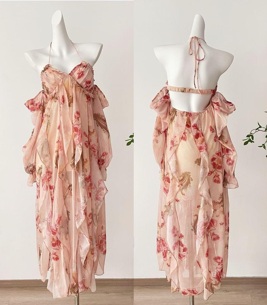 Long-Sleeve Cold Shoulder Floral Print Maxi A-Line Dress Product Image