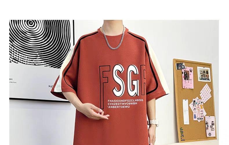 Set: 3/4-Sleeve Crew Neck Lettering Print T-Shirt + Drawstring Waist Wide Leg Sweat Shorts Product Image