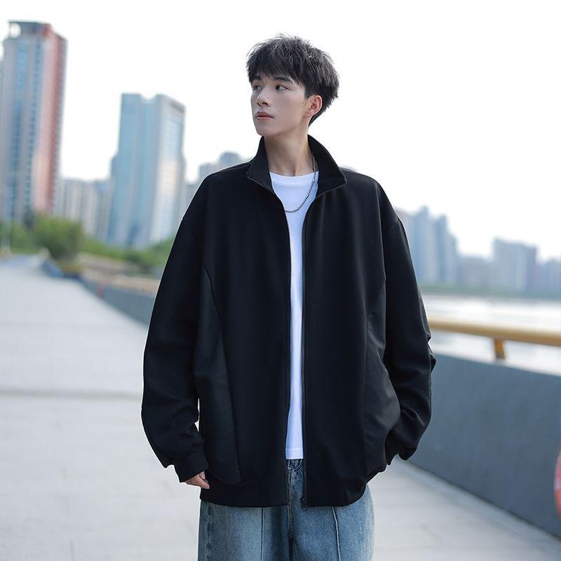 Stand Collar Plain Zip Up Jacket Product Image