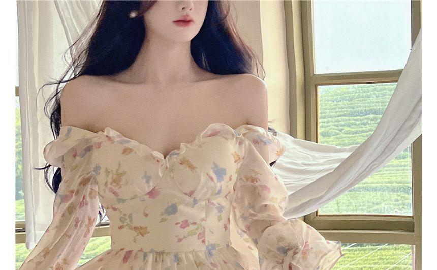 Off-Shoulder Puff-Sleeve Floral Print Mini A-Line Dress Product Image