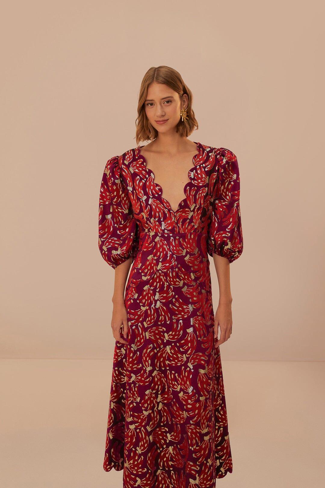 Burgundy Bossa Banana Jacquard Midi Dress Product Image