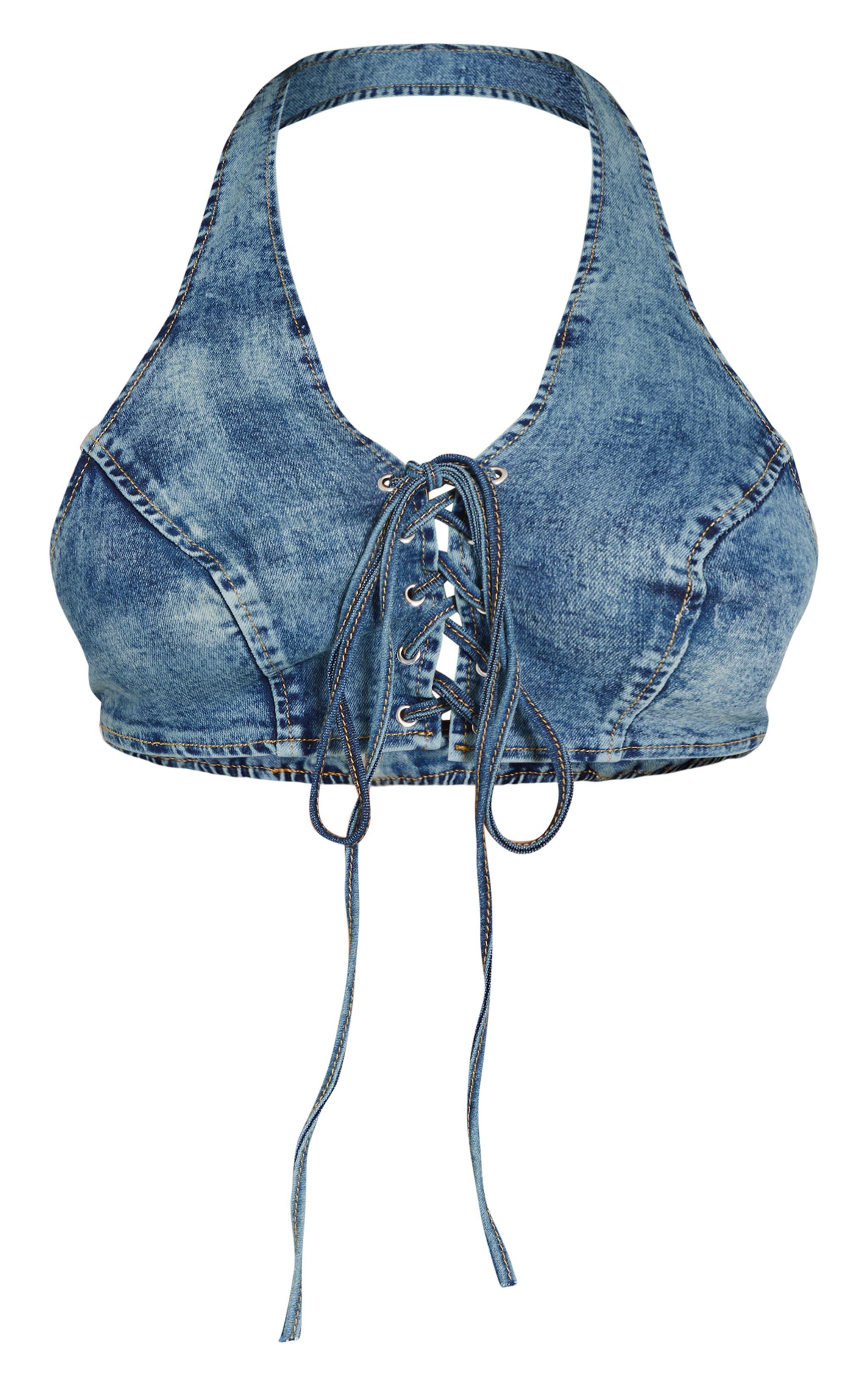 Shape Light Blue Wash Denim Halterneck Lace Up Front Crop Top Product Image