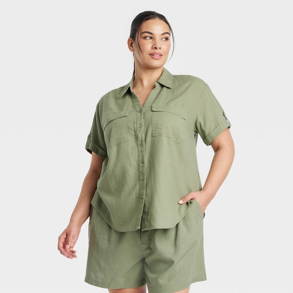 Womens Short Sleeve Linen Front Button-Down Shirt - Ava & Viv Sage 3X Product Image