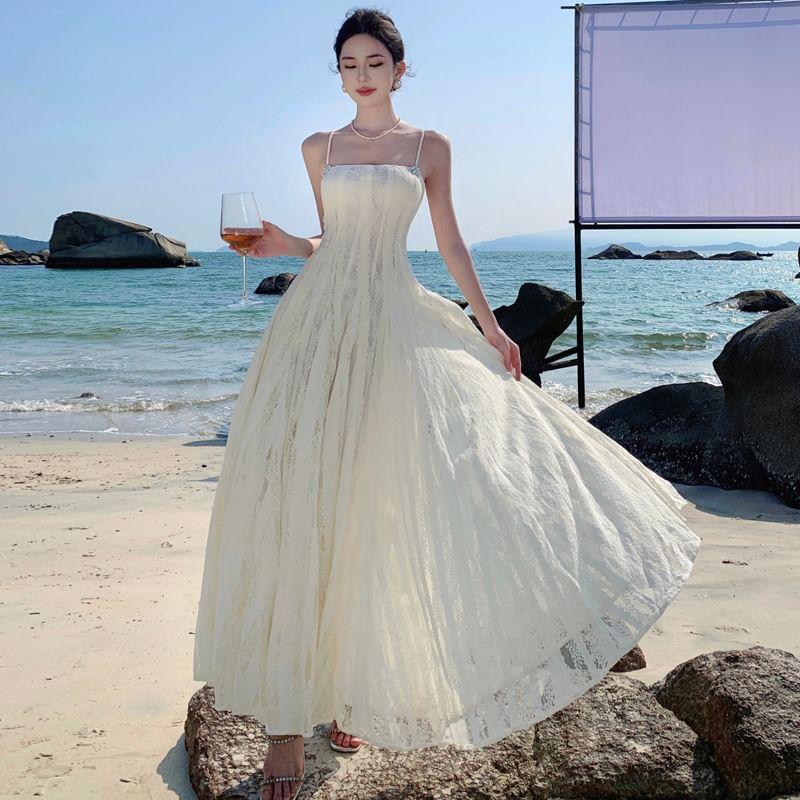 Spaghetti Strap Open Back Lace Maxi A-Line Dress Product Image