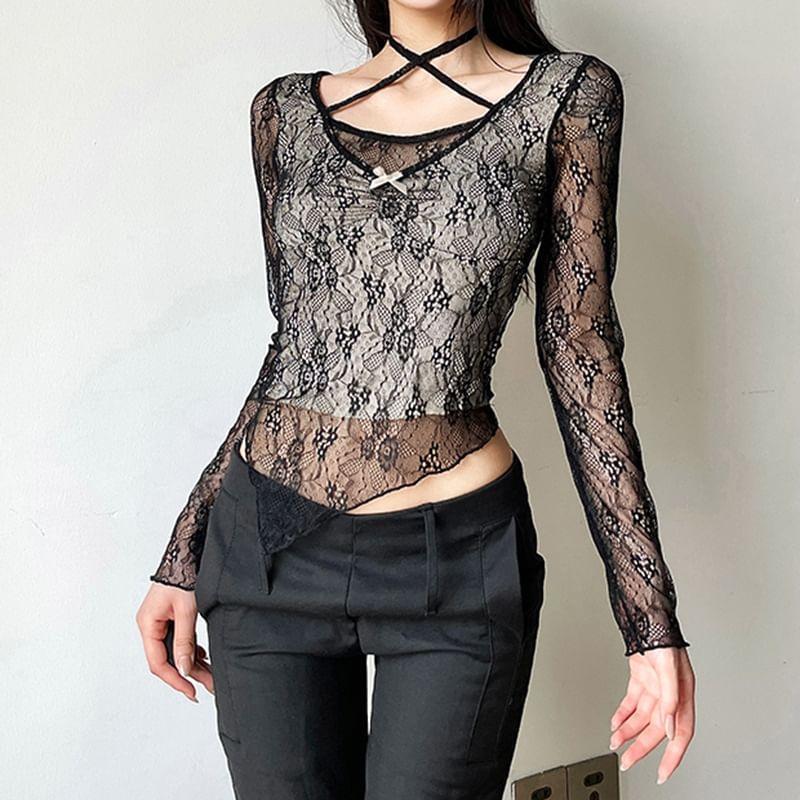 Long Sleeve Halter Neck Cross Strap Plain Lace See-Through Crop Top Product Image