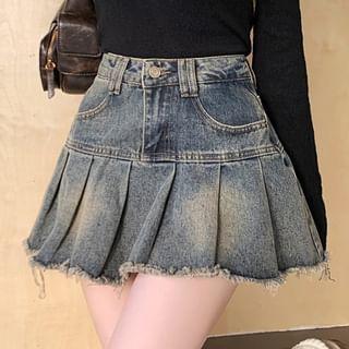 High Rise Washed Tassel Trim Pleated Mini A-Line Denim Skirt Product Image