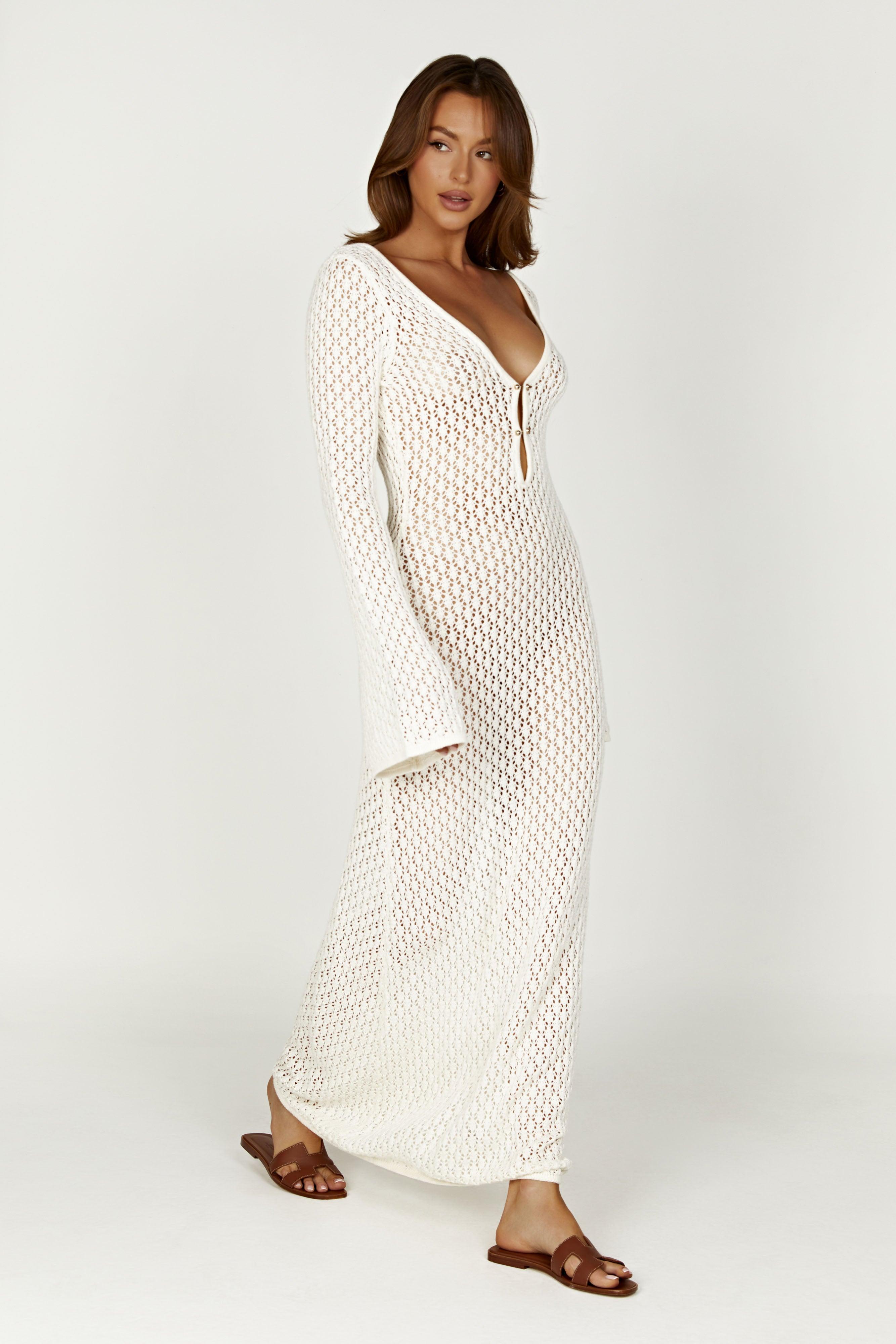 Kayleigh Crochet Fishtail Flare Sleeve Maxi Dress - White Product Image