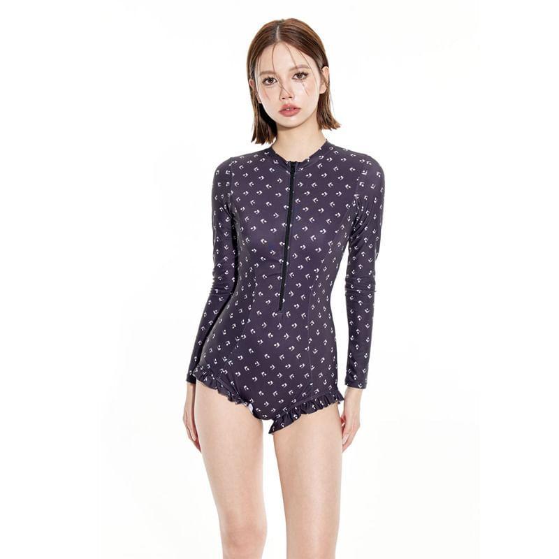 Long-Sleeve Half Zip Print Swimsuit Product Image