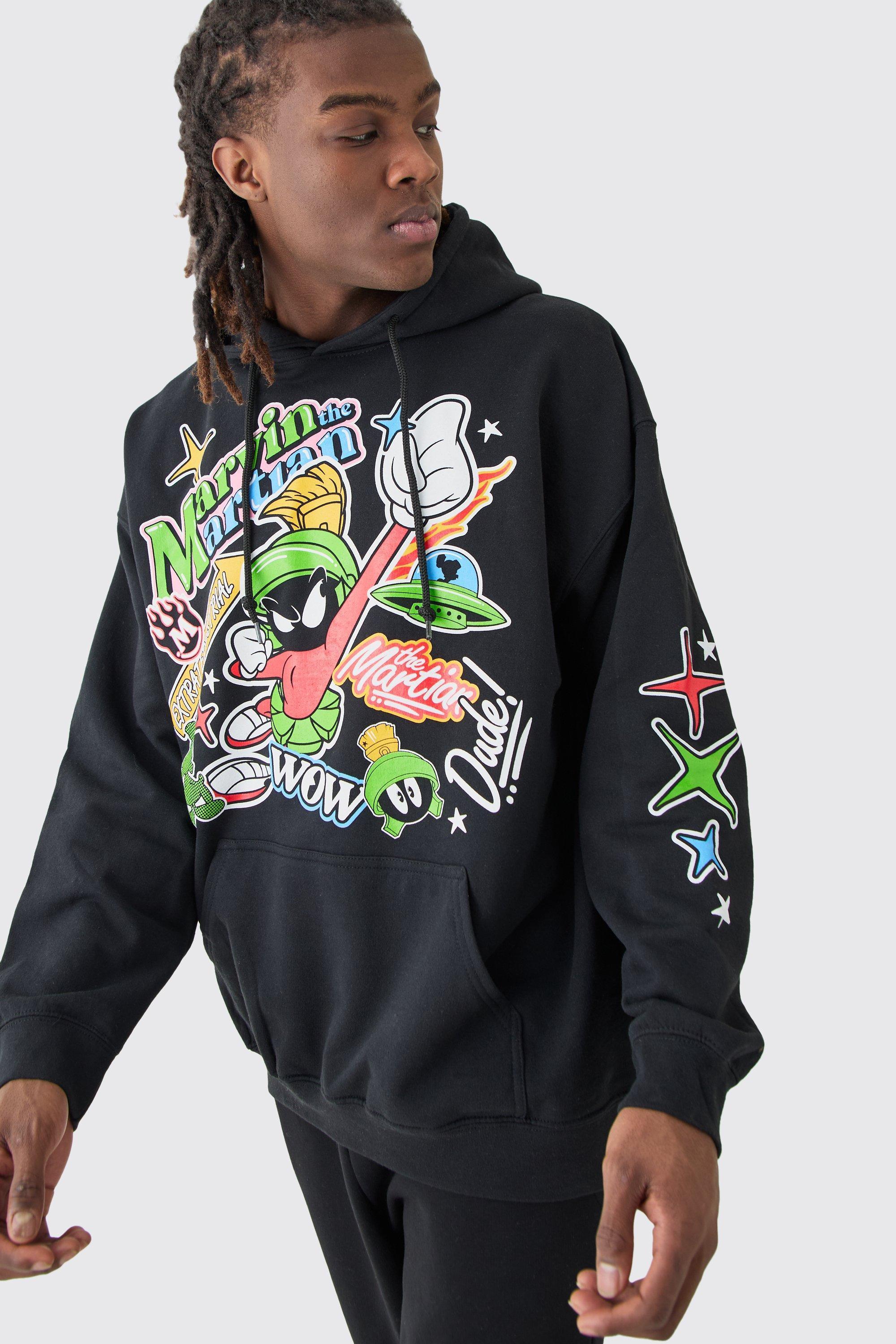 Mens Black Oversized Looney Tunes License Hoodie, Black Product Image