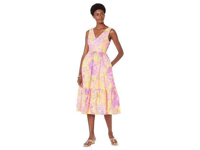 Lilly Pulitzer Bri V-Neck Cotton Midi Dress (Calla Yellow Floral Coral) Women's Clothing Product Image