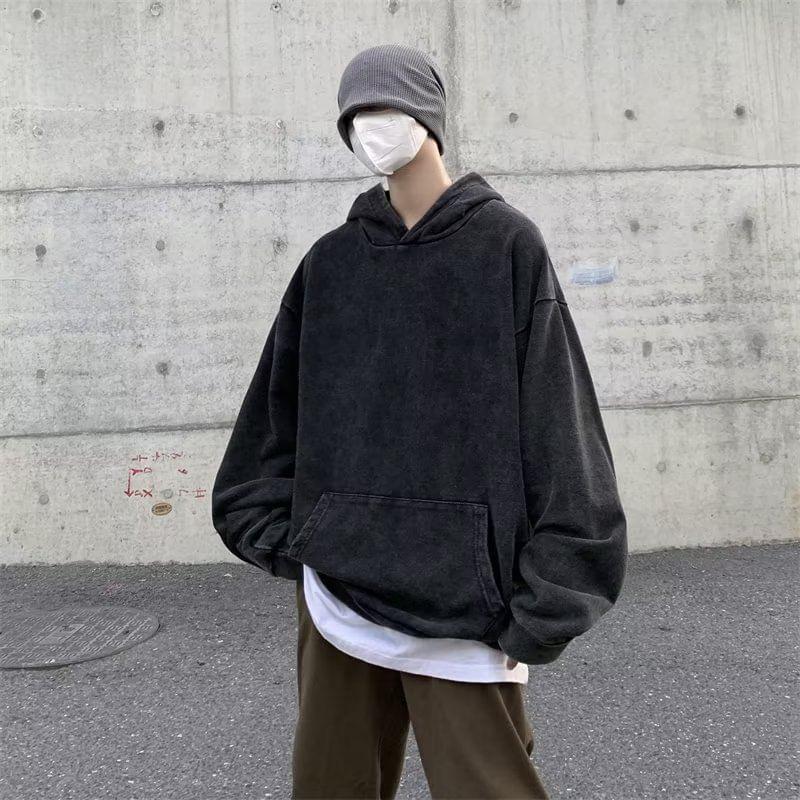 Long-Sleeve Plain Washed Hoodie Product Image